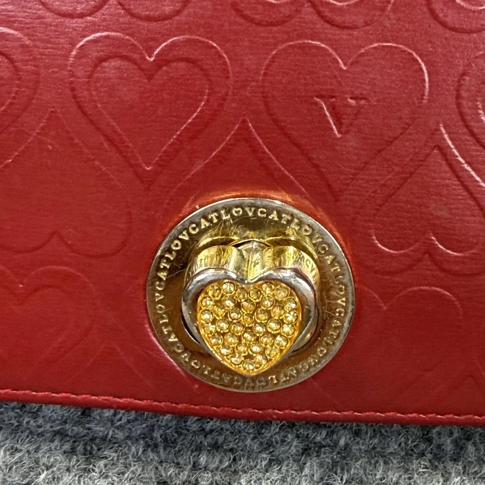 Lovcat‎ Wallet Womens Red Leather Rhinestone Heart Embossed Valentine